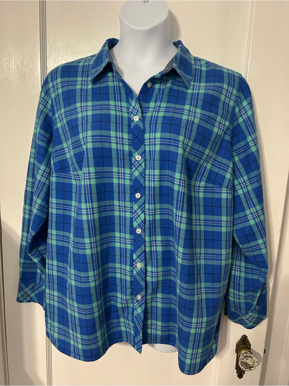Women’s Talbots long sleeve plaid check blue green button up size 3X 100% Cotton